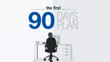 Illustration of the first 90 days plan with a person at a desk.