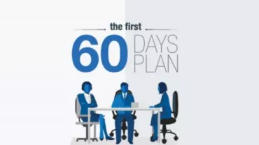 Illustration of three people at a table with 'The First 60 Days Plan' text.